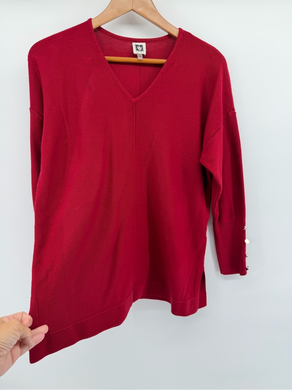 Anne Klein Red V-Neck Sweater with Pearl Button Cuff